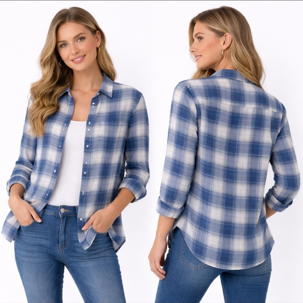 Girl Krazy Blue Plaid Button Down Shirt Casual Lightweight Top